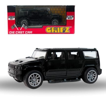 Black GRIPZZ metal diecast SUV toy car with openable doors and pullback action – front view with packaging.