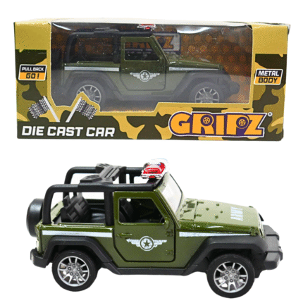 GRIPZZ Army Green Jeep Style Diecast Toy Car with Metal Body and Pull Back Action in Box and Unboxed View
