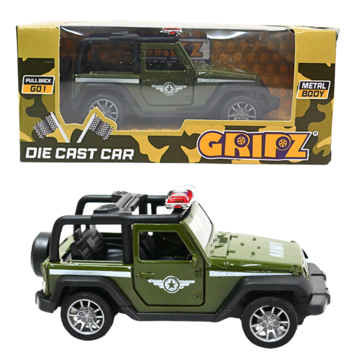GRIPZZ Army Green Jeep Style Diecast Toy Car with Metal Body and Pull Back Action in Box and Unboxed View