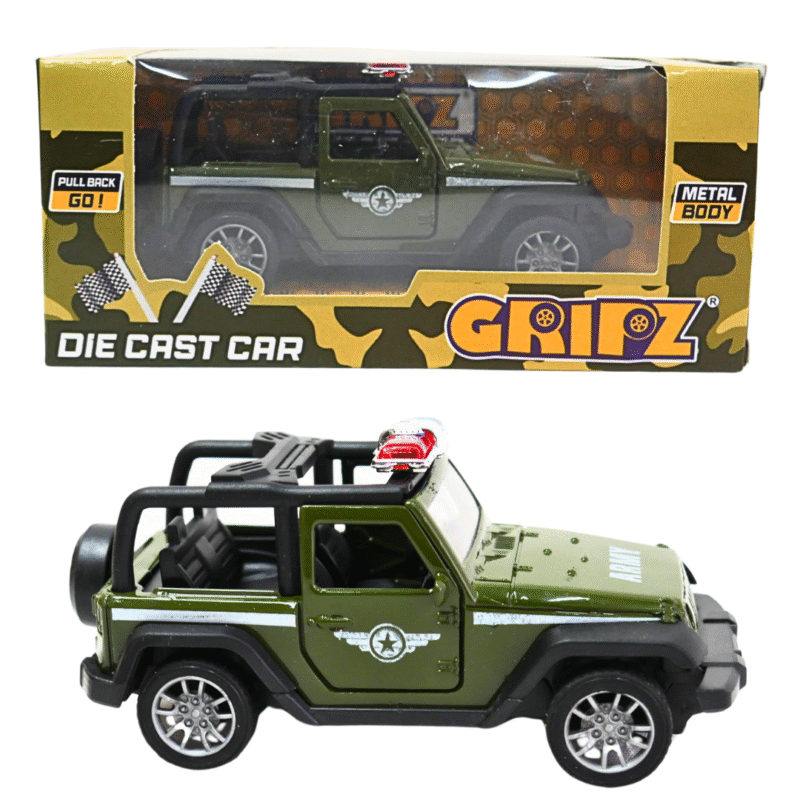 GRIPZZ Army Green Jeep Style Diecast Toy Car with Metal Body and Pull Back Action in Box and Unboxed View