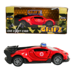 Red GRIPZZ diecast police sports car toy with pullback action and light bar, shown with retail packaging.