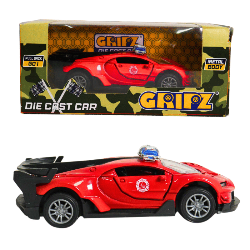 Red GRIPZZ diecast police sports car toy with pullback action and light bar, shown with retail packaging.