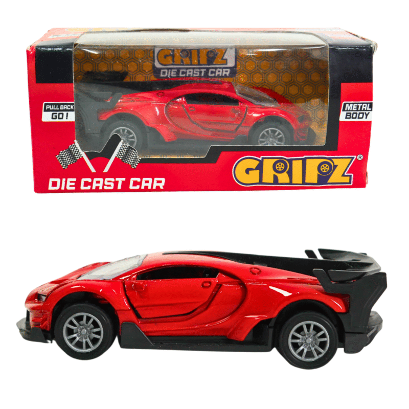 GRIPZZ red diecast sports car toy with pullback action and durable metal body – perfect for kids and car fans.