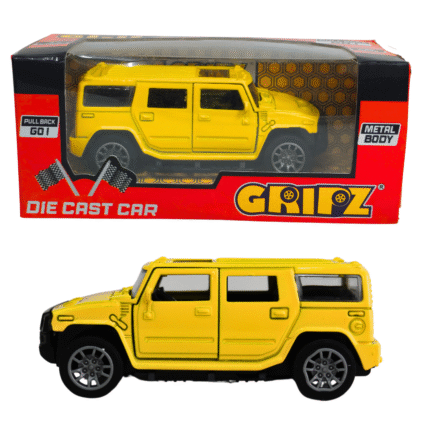 Yellow GRIPZZ diecast metal SUV toy car with openable doors and pullback feature, displayed with packaging.