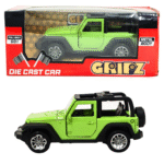 GRIPZZ Green Jeep Style Diecast Toy Car with Metal Body and Pull Back Action in Packaging and Unboxed View
