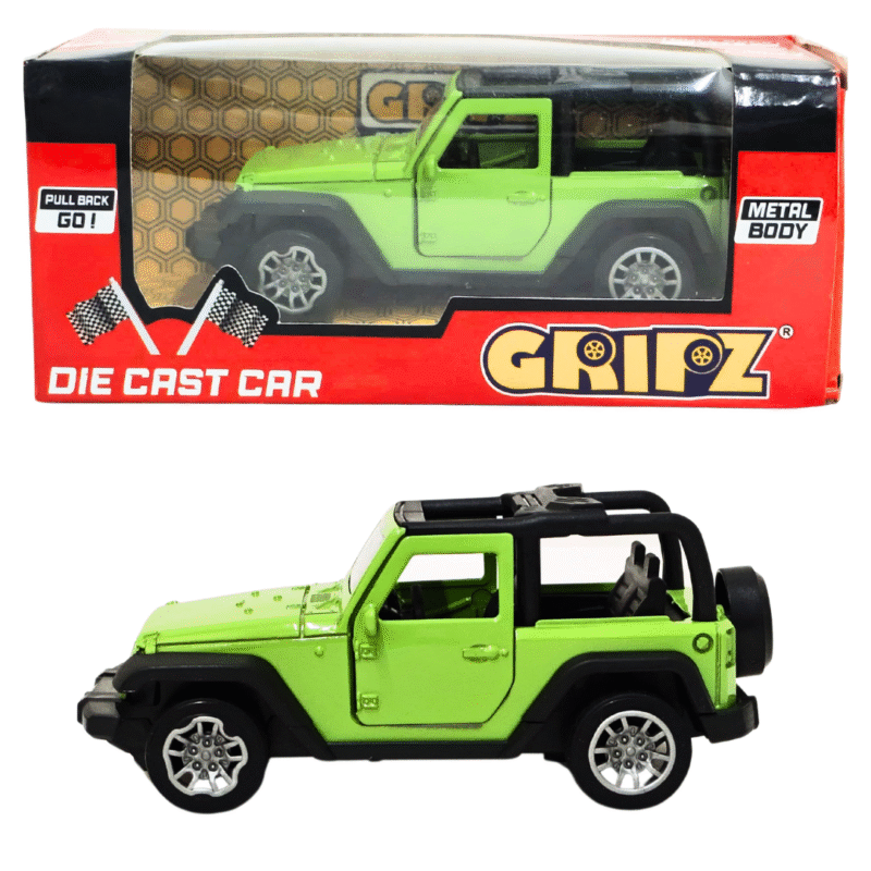 GRIPZZ Green Jeep Style Diecast Toy Car with Metal Body and Pull Back Action in Packaging and Unboxed View