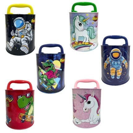 Kids Designer Tin Coin Bank with Handle - Fun Piggy Bank for Boys & Girls (Space, Unicorn, Dinosaur Themes)