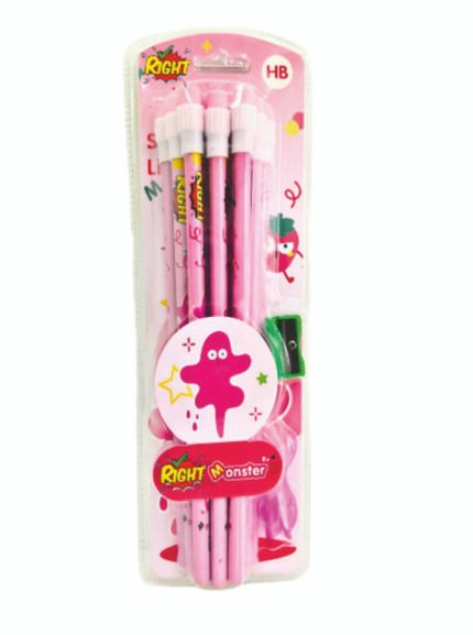 RIGHT Monster HB Kids Pencil Set (4 Pencils) with Eraser & Sharpener – Cute Cartoon Theme School Stationery Pack (Pink)