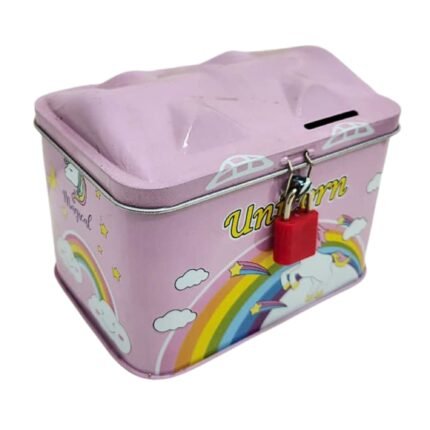 Pink Unicorn Kids Metal Piggy Bank with Lock and Key Rainbow Cartoon Coin Saving Box for Girls, Cute Secure Money Storage Tin with Coin Slot Lid