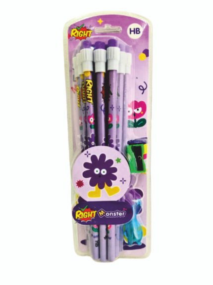 RIGHT Monster HB Kids Pencil Set (4 Pencils) with Eraser & Sharpener Cute Cartoon Theme School Stationery Pack (Purple)