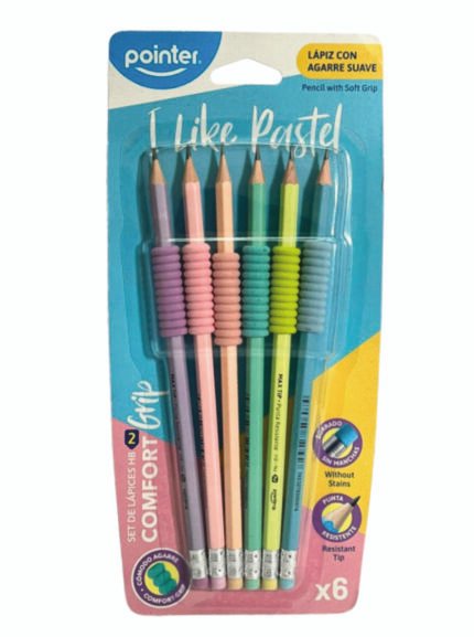Pointer Like Pastel HB Pencils Set of 6 with Soft Grip Comfortable Writing, Resistant Tip, Smudge-Free School & Office Stationery Pack