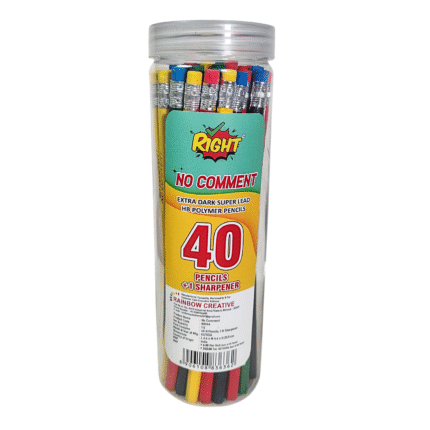 RIGHT No Comment HB Polymer Pencils Pack of 40 with Sharpener – Extra Dark Super Lead, Break-Resistant School & Office Writing Pencils Jar Pack