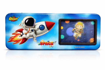 RIGHT Space Theme Metal Pencil Box with Moving Glitter Window Astronaut & Rocket Printed Tin Pencil Case for Kids Durable School Stationery Storage Organizer Made in India