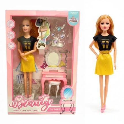 Beauty Fashion Doll with Dressing Table & Accessories | Stylish Outfit, Pretend-Play Vanity Set | Premium Gift Toy for Girls 3+ | Hair Styling, Jewelry & Role-Play Set (Sunshine Chic)