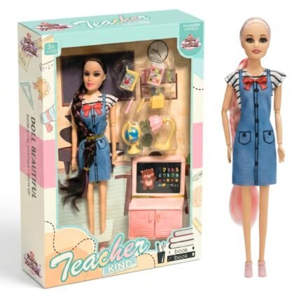 Teacher Doll Set – Blue Denim Dress with Bow | Classroom Blackboard, School Accessories & Teaching Props for Ages 3+